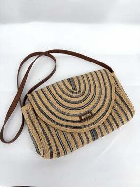 Sun N Sand Tan Black Striped Woven Crossbody Bag Boho Flap Purse Beach Coastal